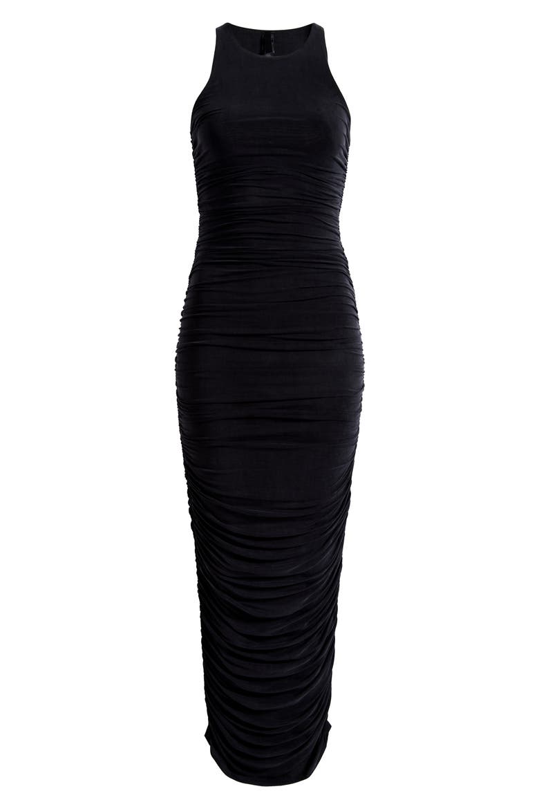 Cupro Jersey Ruched Long Dress, Main, color, OBSIDIAN