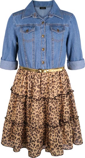 Kids' Denim & Leopard Tutu Mixed Dress