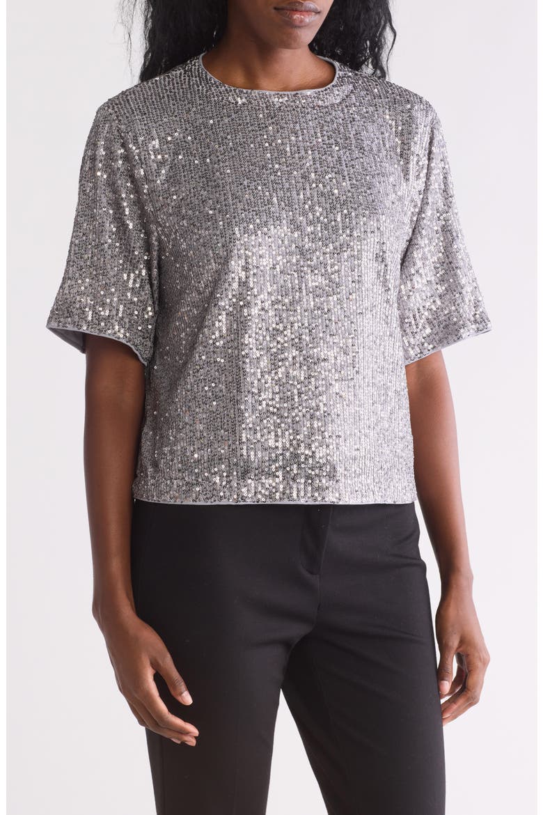 Short Sleeve Sequin Top, Main, color, SILVER GREY