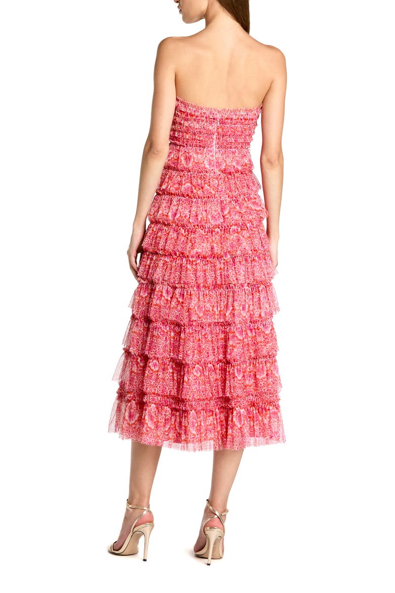 Printed Mesh Ruffle Strapless Midi Dress, Alternate, color, Pink Multi