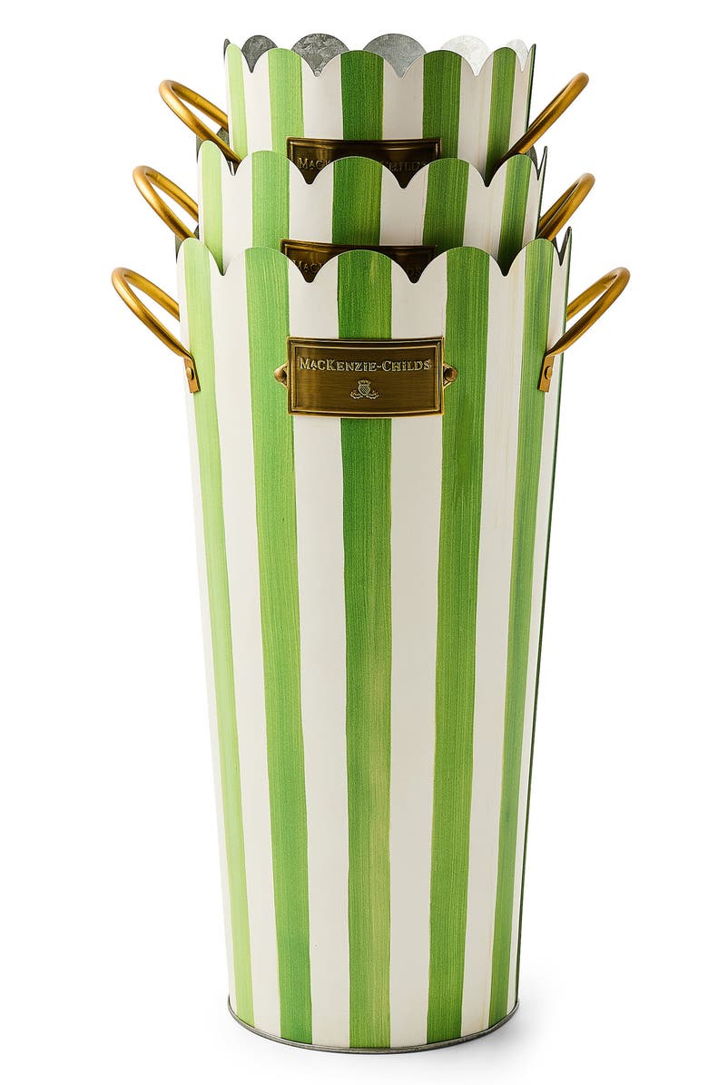 MACKENZIE CHILDS Grass Green Stripe Set of 3 Flower Buckets, Alternate, color, Green