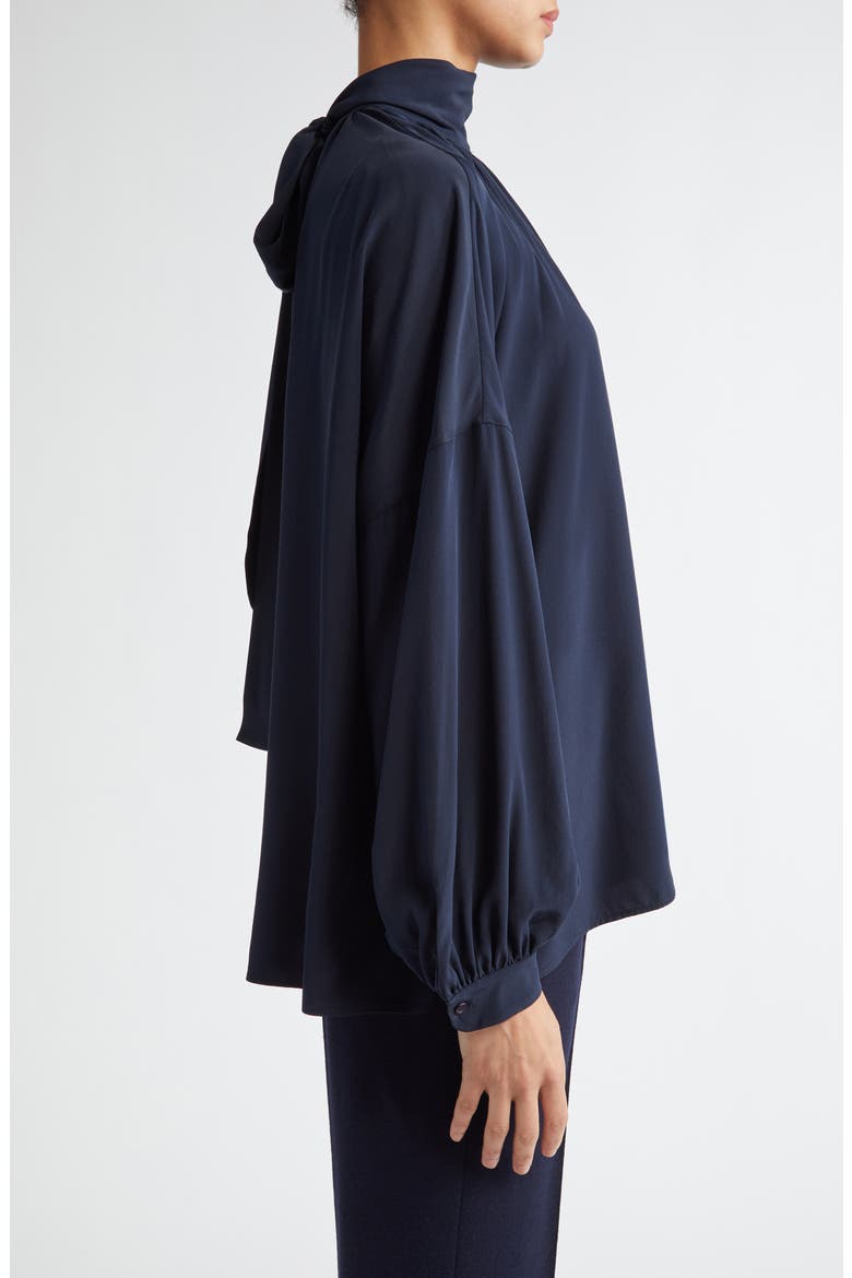 Mock Neck Silk Crêpe de Chine Shirt, Alternate, color, NAVY