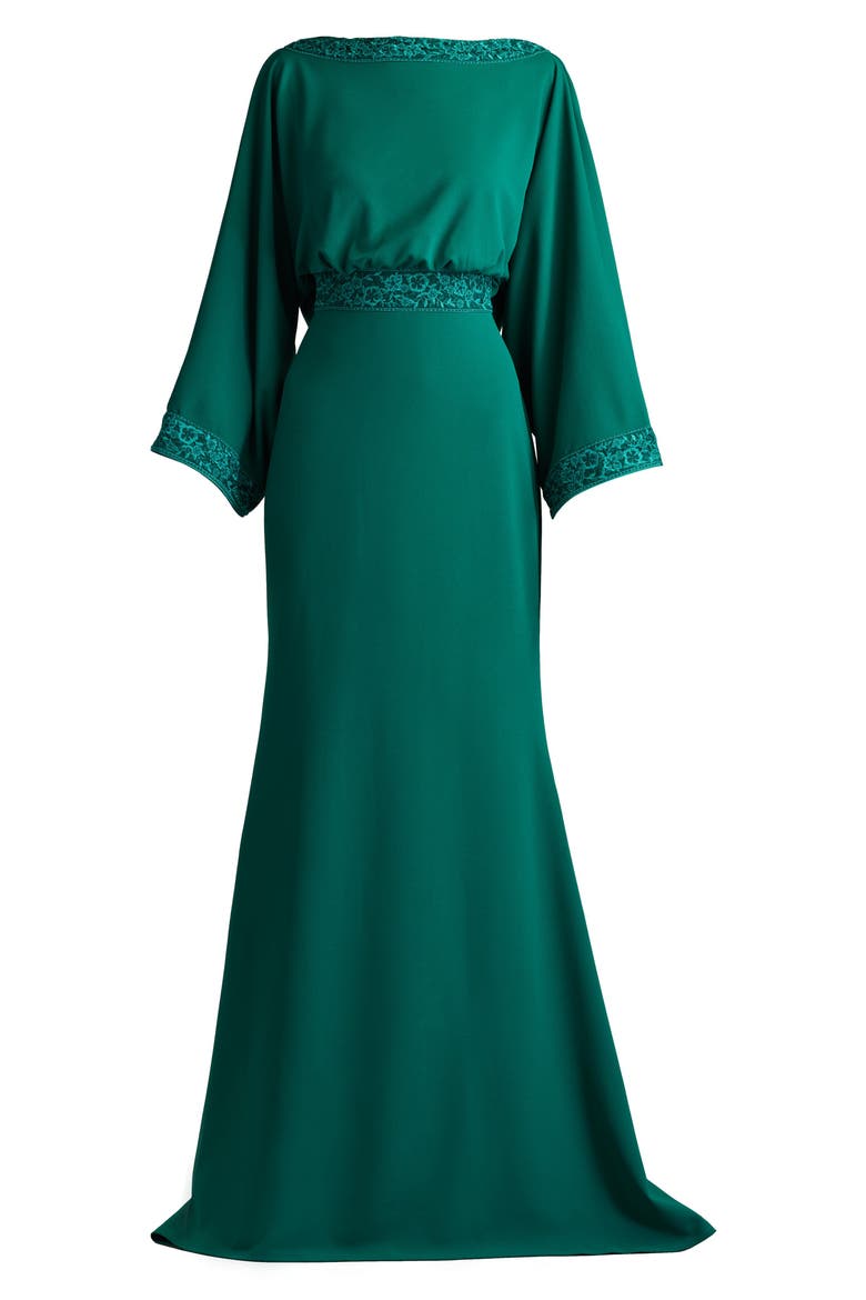 Drape Back Crepe Long Sleeve Gown, Alternate, color, EMERALD