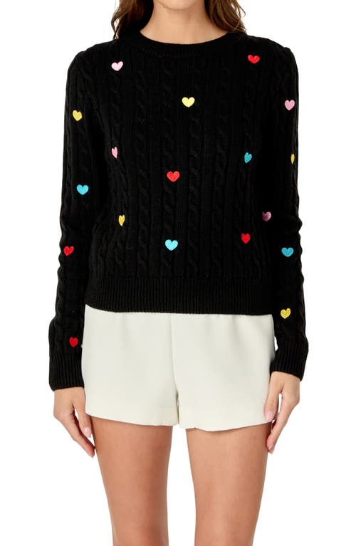 English Factory Heart Embroidered Cable Stitch Sweater In Black