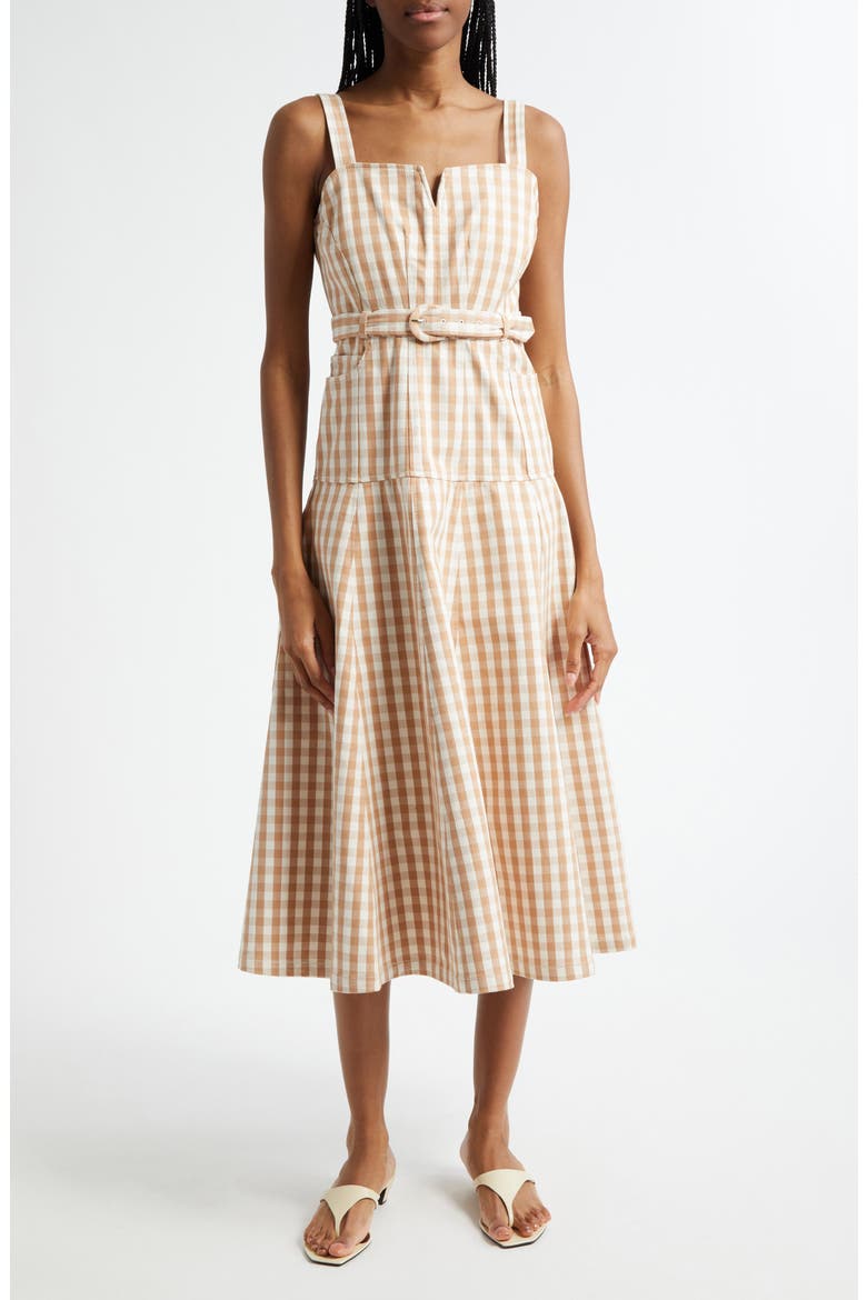 Tina Gingham Belted Denim Sundress, Main, color, LIGHT PLASTER