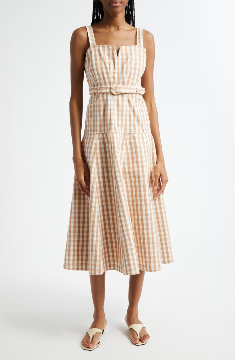 Cinq à Sept Tina Gingham Belted Denim Sundress, Main, color, Light Plaster