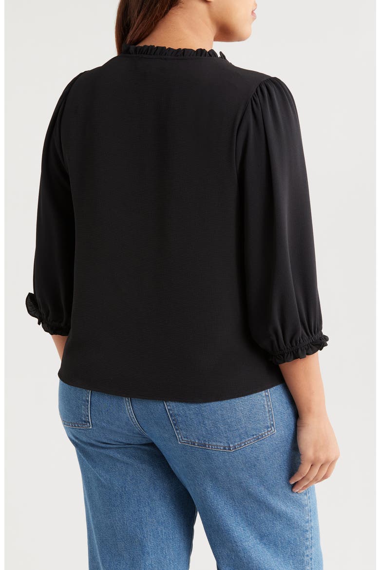 Ruffle Trim V-Neck Button-Up Top, Alternate, color, RICH BLACK