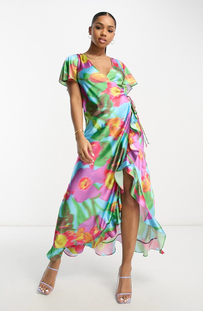 ASOS DESIGN Floral Print Ruffle Wrap Dress, Main, color, 