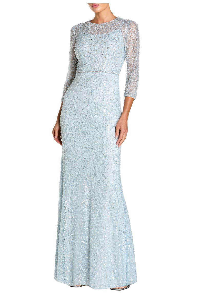 Mac Duggal Beaded Embroidery Elbow Sleeve Column Gown, Main, color, Powder Blue