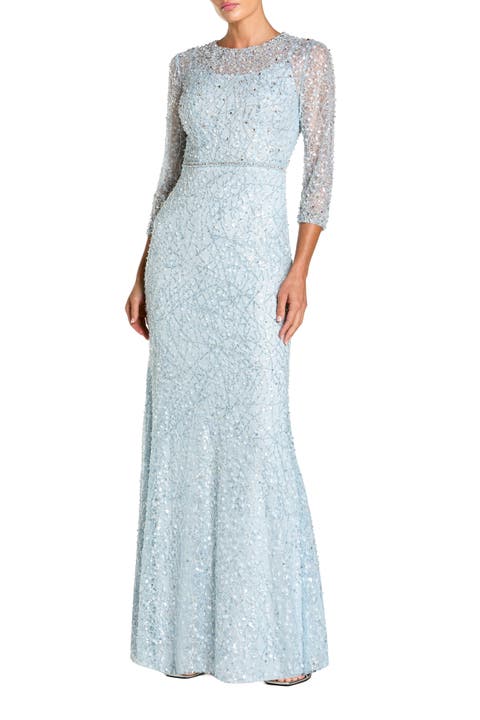 Beaded Embroidery Elbow Sleeve Column Gown