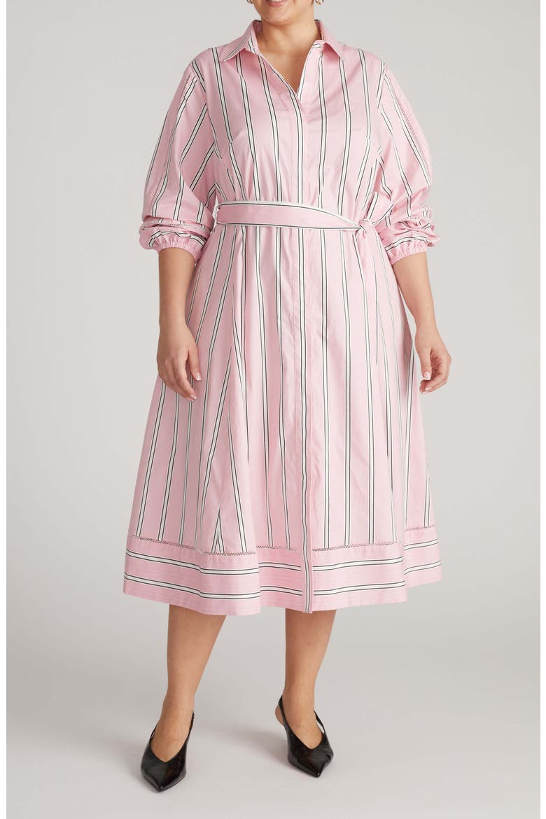 Yuli Long Sleeve Stretch Poplin Midi Dress, Main, color, PINK HORIZON STRIPE