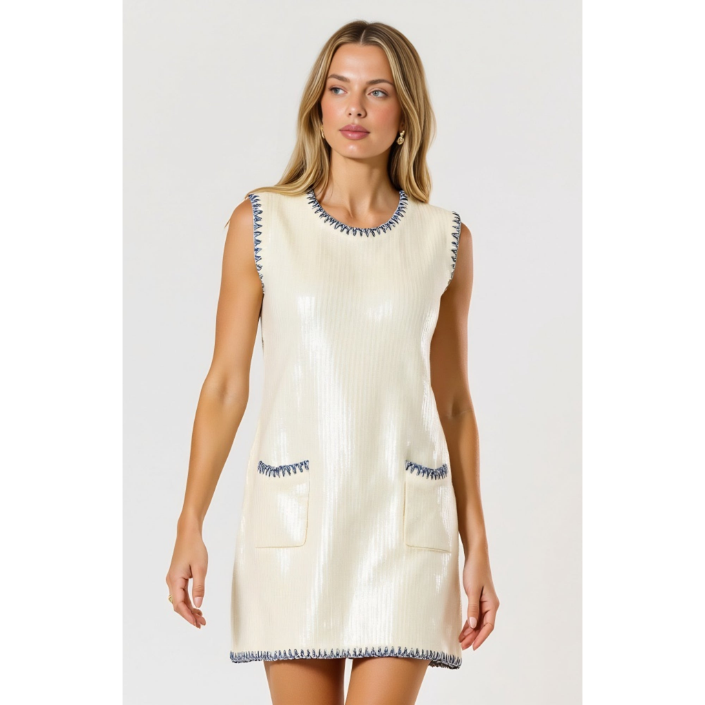 Modenaire Sleeveless Sequin Knit Mini Dress With Contrast Trim And Pockets In White