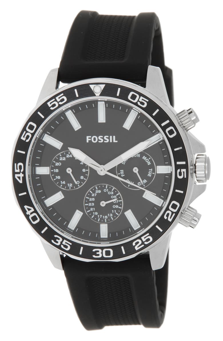 Fossil Men's Bannon Multifunction Black Silicone Watch, 45mm, Main, color, Silver