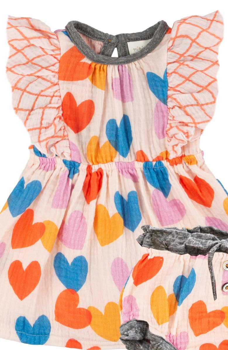 Miki Miette Heart Ruffle Short Sleeve Cotton Dress & Bloomers, Alternate, color, 