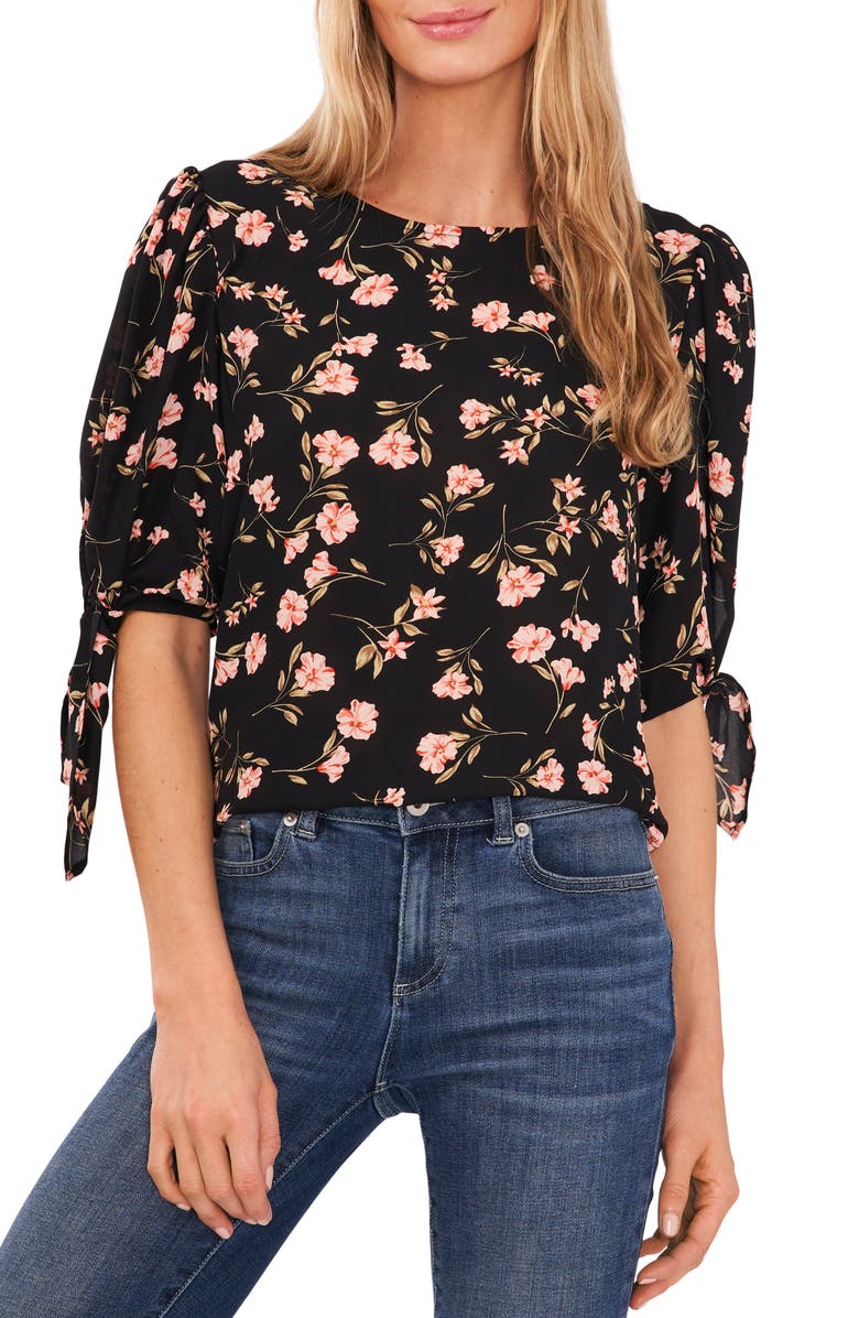 CeCe Floral Print Tie Sleeve Blouse, Main, color, 