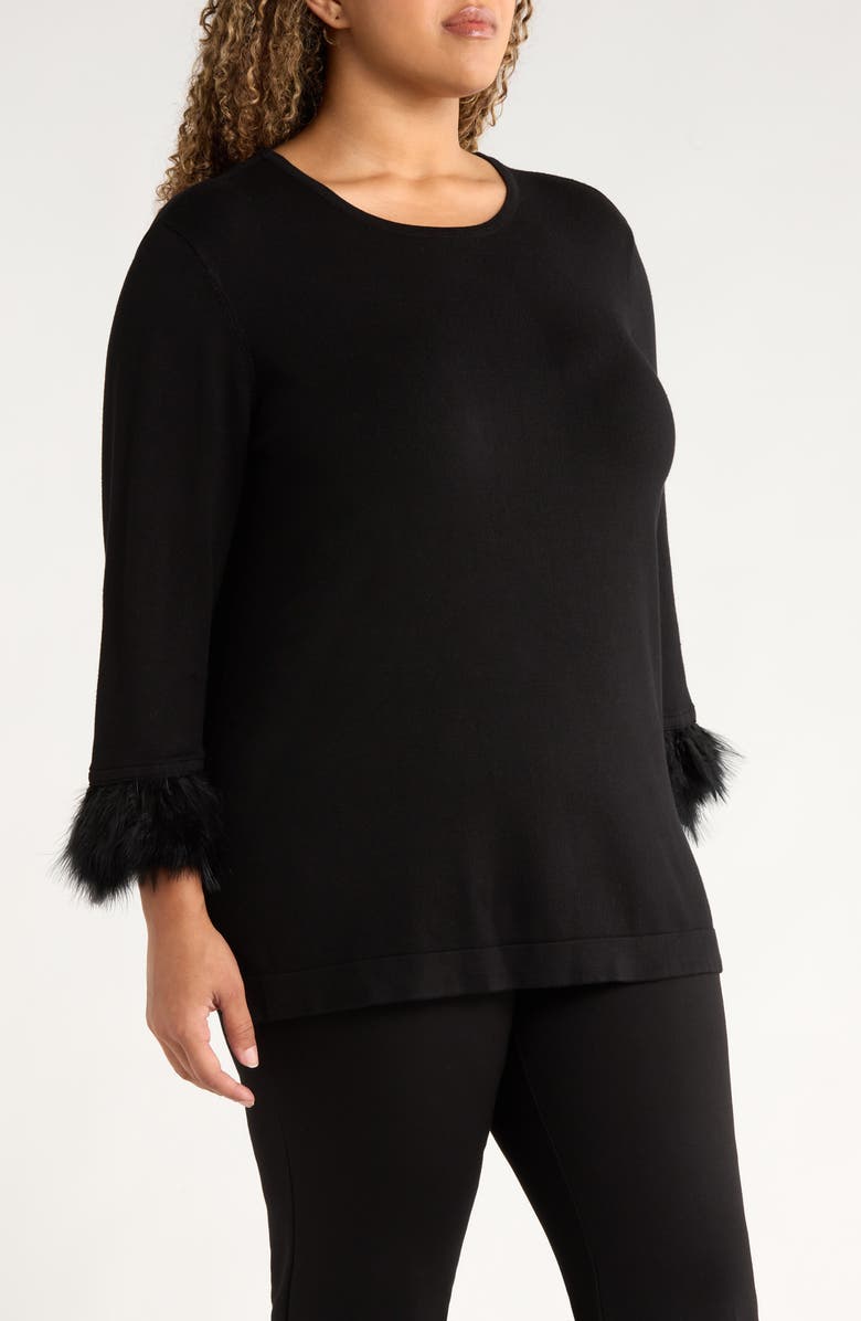 Anne Klein Feather Cuff Long Sleeve Knit Top, Alternate, color, Anne Black