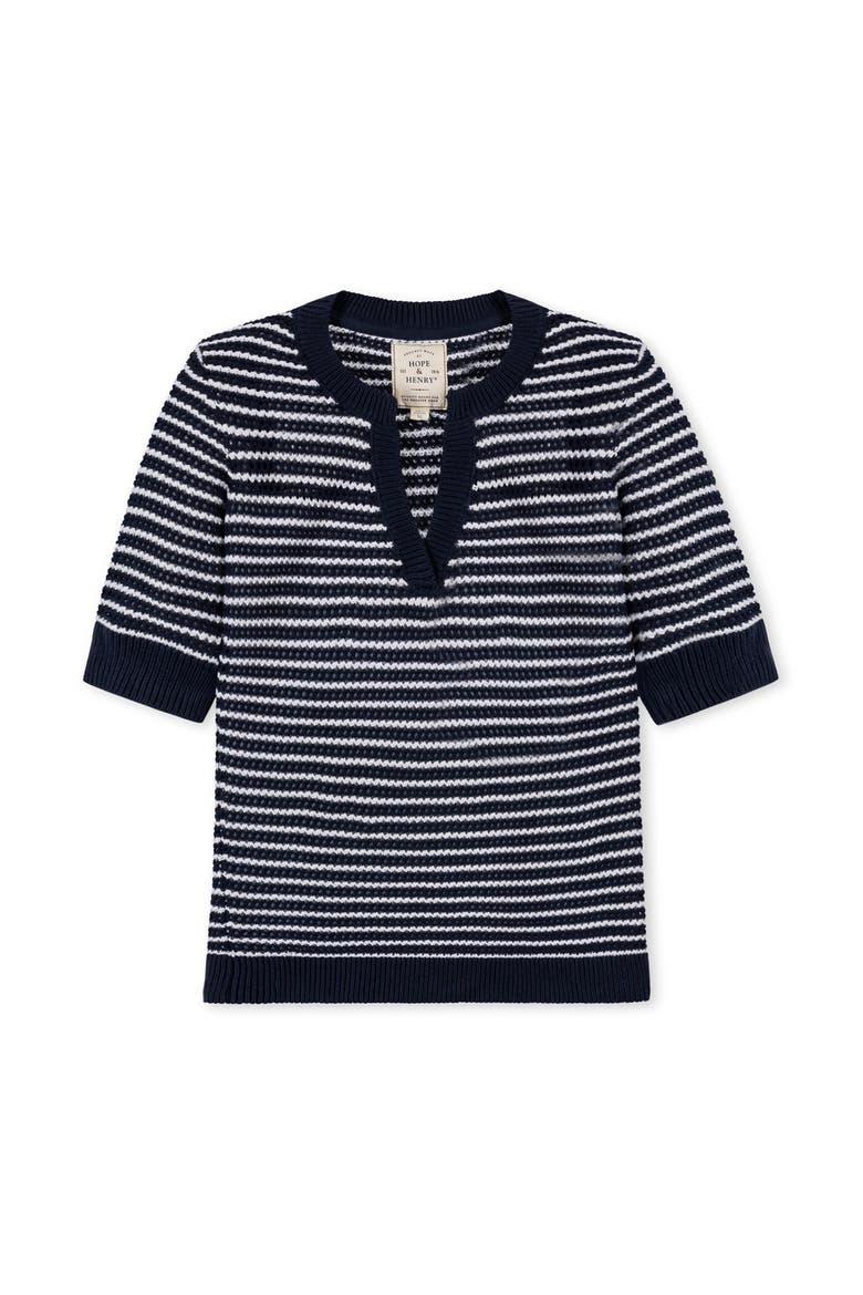 Organic V-Neck Short Sleeve Sweater, Alternate, color, Navy and White