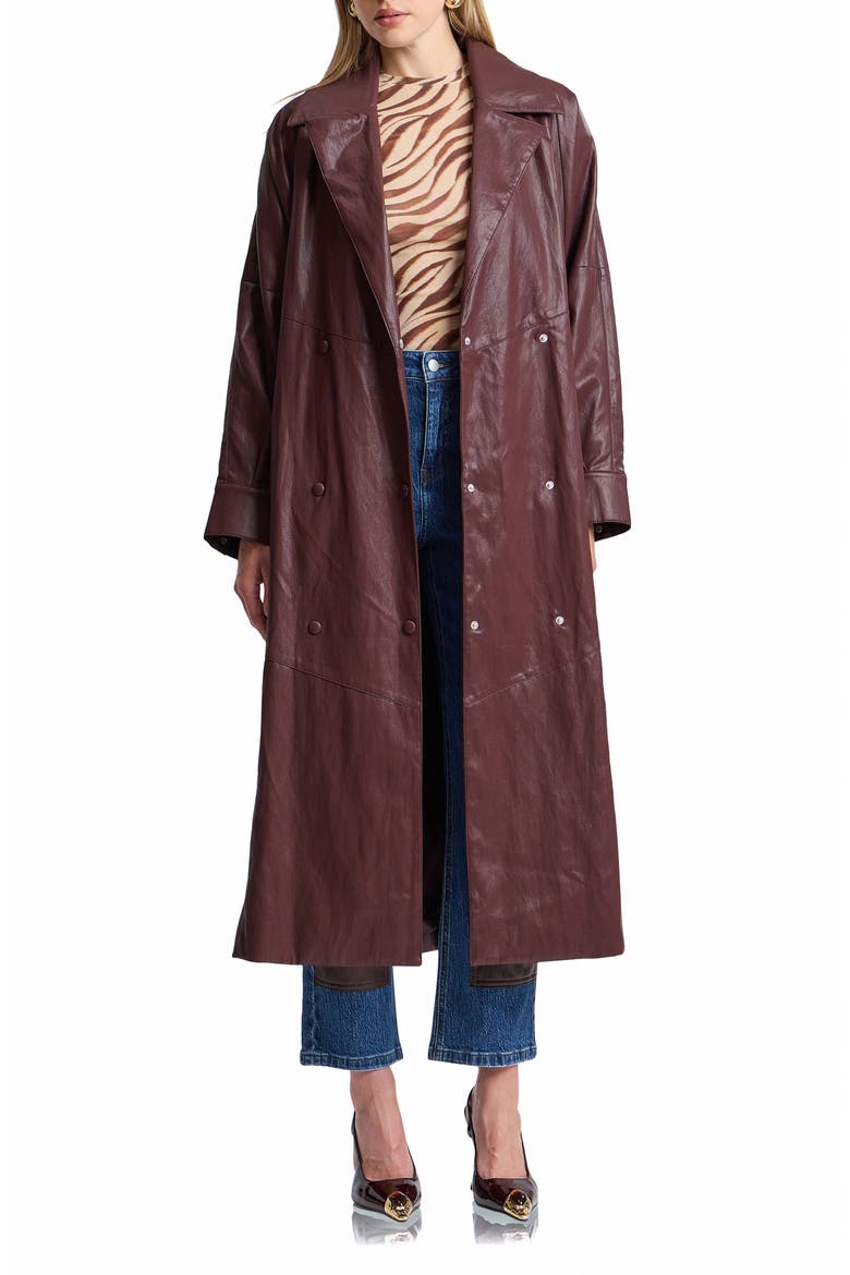 Shoulder Pad Faux Leather Long Coat, Alternate, color, BORDEAUX