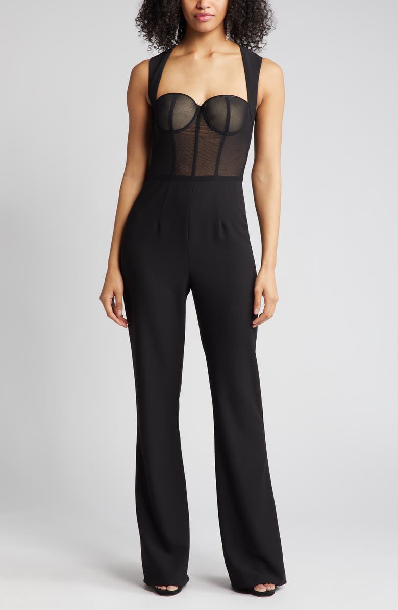 Black Halo Malvina Bustier Mesh Bodice Jumpsuit, Alternate, color, 