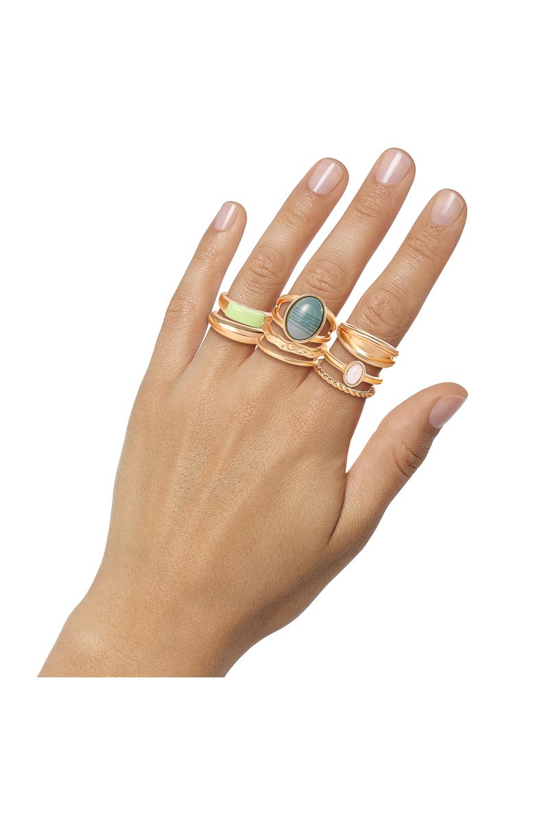 Jessica Simpson Gold-Tone 8-Piece Stacking Ring Set with Green Stone Accents, Size 7, Alternate, color, Gold