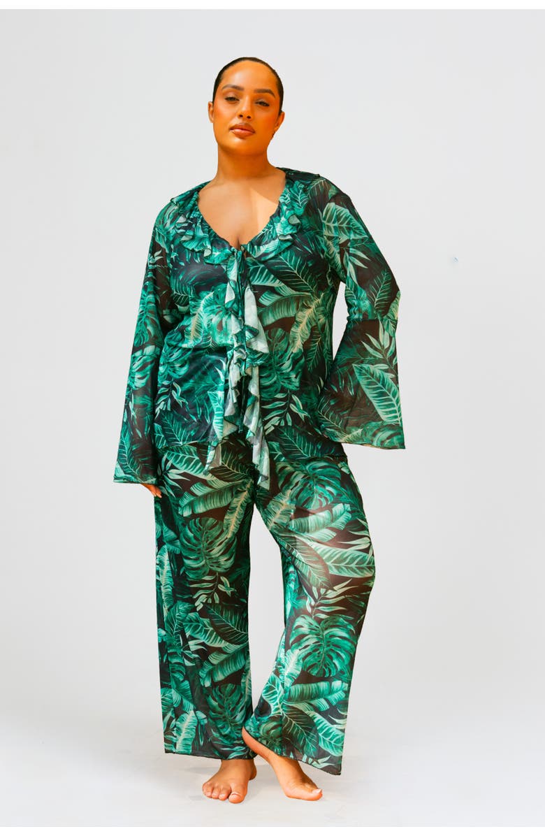 FASHION-SZN CURVE Curve Palm Print Ruffle Resort Top, Alternate, color, Green