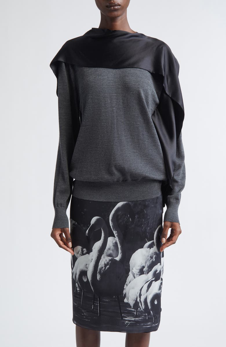 FERRAGAMO Satin Scarf Neck Virgin Wool Mélange Sweater, Main, color, Lead Grey Melange