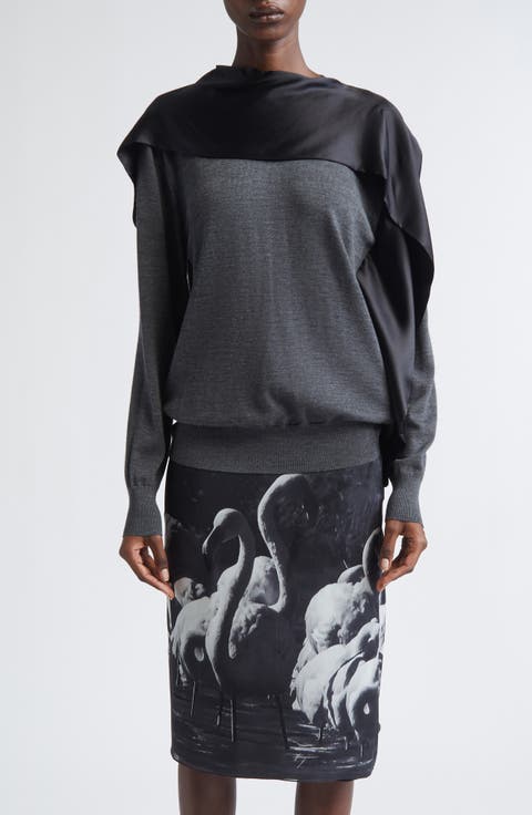 Satin Scarf Neck Virgin Wool Mélange Sweater