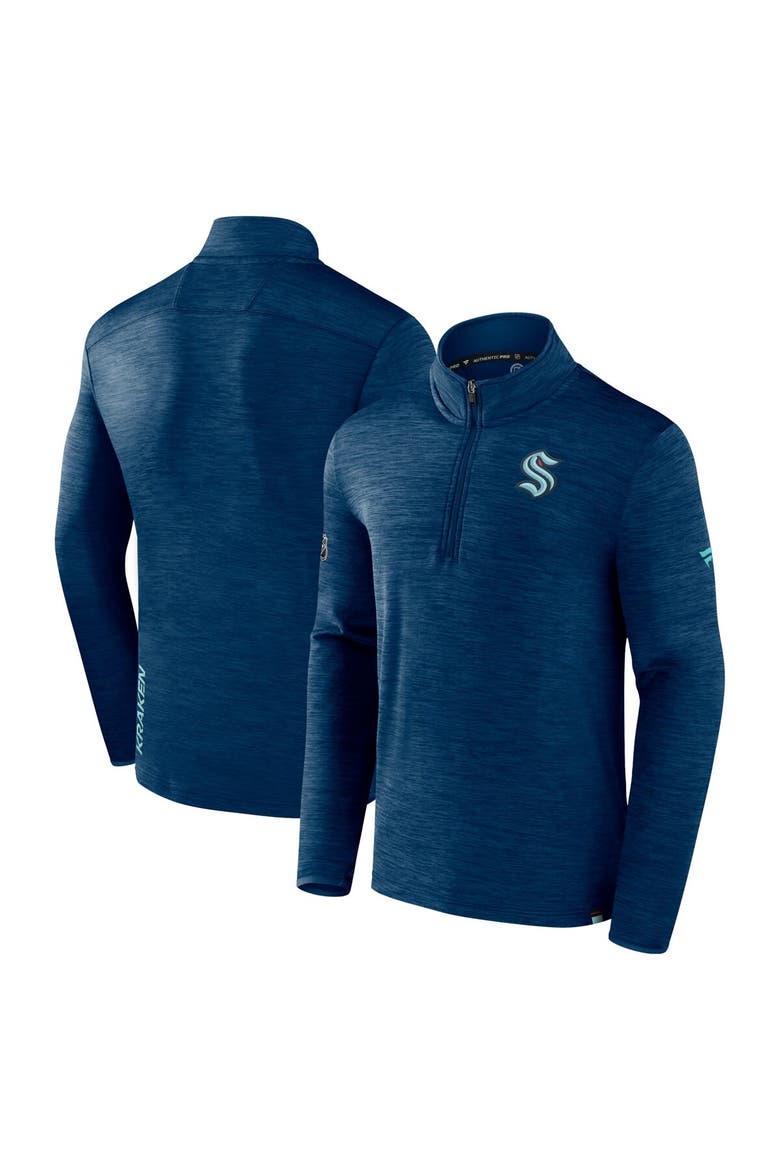 Men's Fanatics Branded  Deep Sea Blue Seattle Kraken Authentic Pro Quarter-Zip Pullover Top, Main, color, Heather Navy