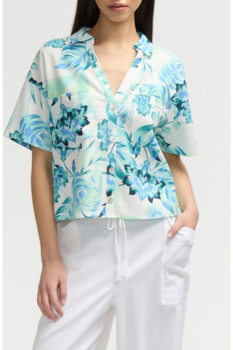 Crop Button-Up Camp Shirt, Main, color, TROPICAL BLUE