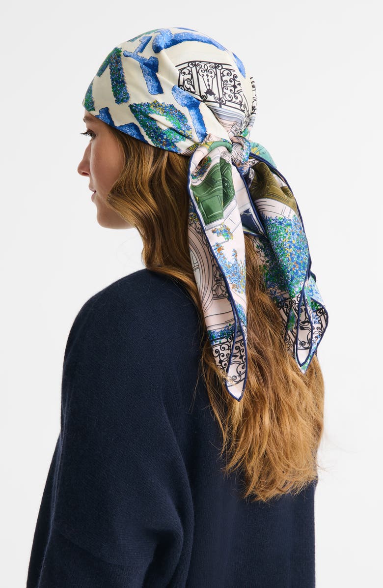 Longchamp Jardin Parisiene Square Silk Scarf, Alternate, color, Navy