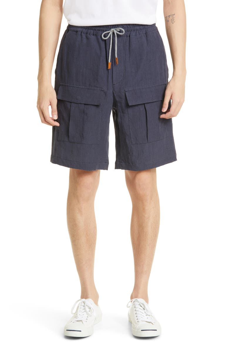 Linen Cargo Bermuda Shorts, Main, color, BLUE