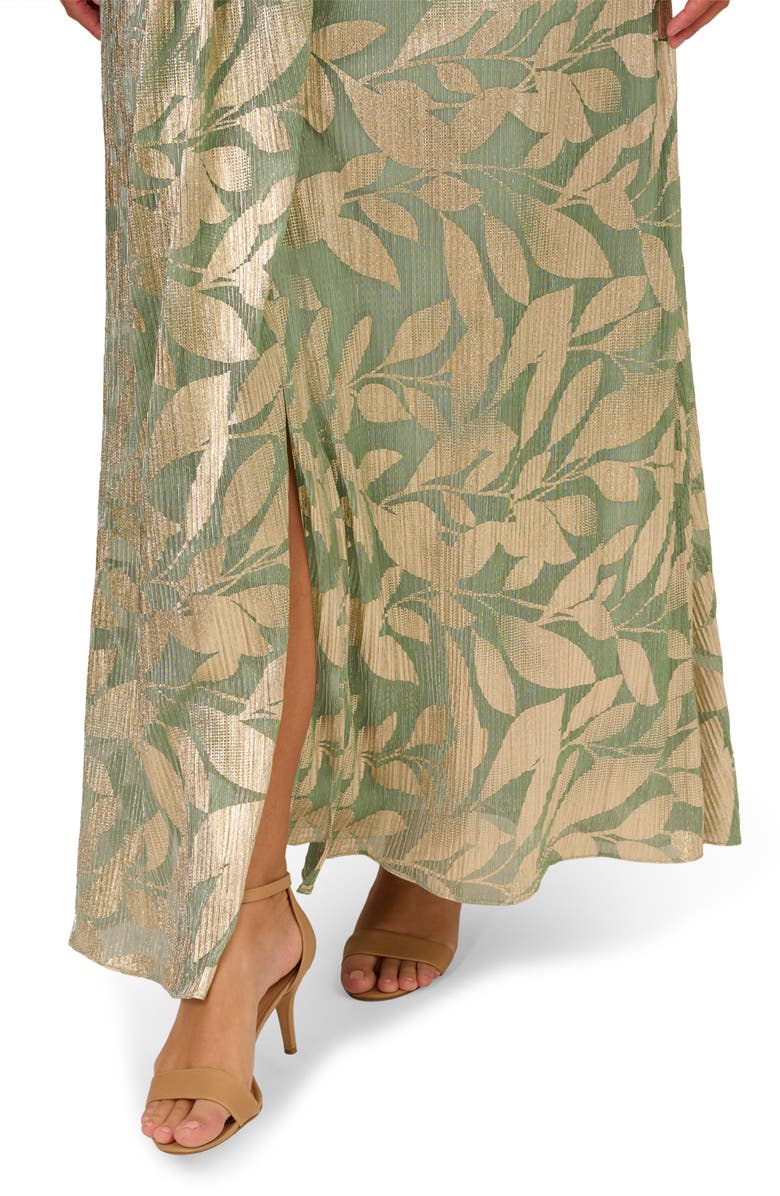 Adrianna Papell Metallic Leaf Jacquard Draped Gown, Alternate, color, Sage/ Gold