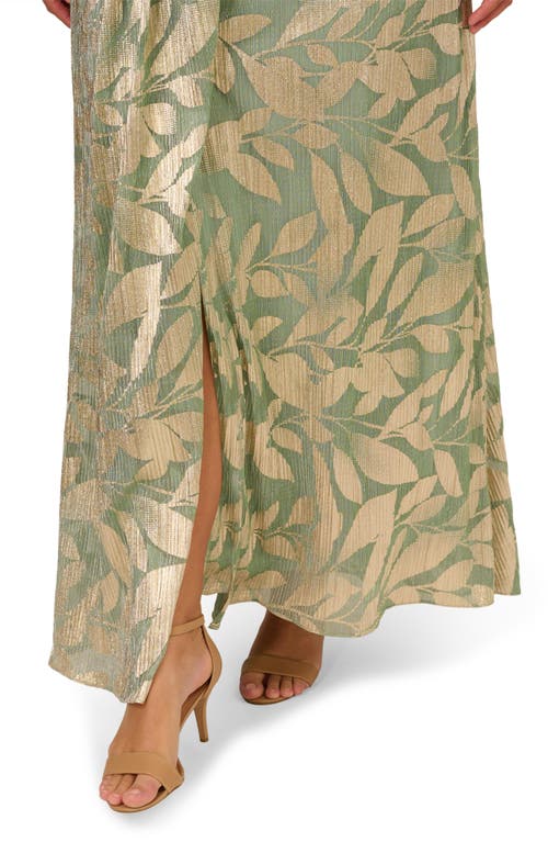 Adrianna Papell Metallic Leaf Jacquard Draped Gown In Green