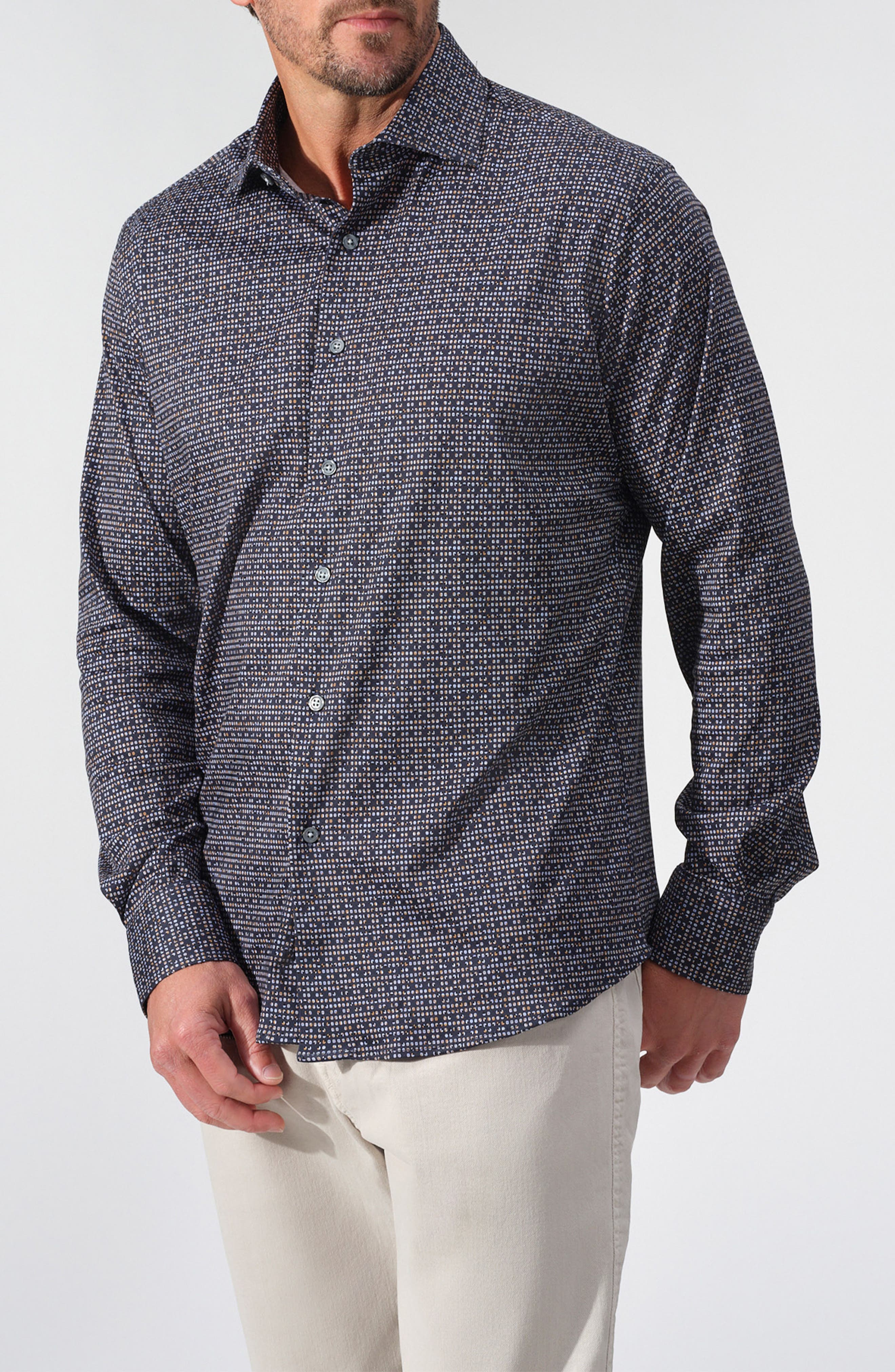 Geometric Print Dynamic Comfort Stretch Cotton Long Sleeve Button-Down Shirt
