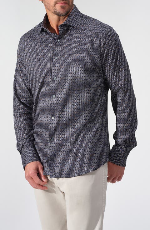Geometric Print Dynamic Comfort Stretch Cotton Long Sleeve Button-Down Shirt