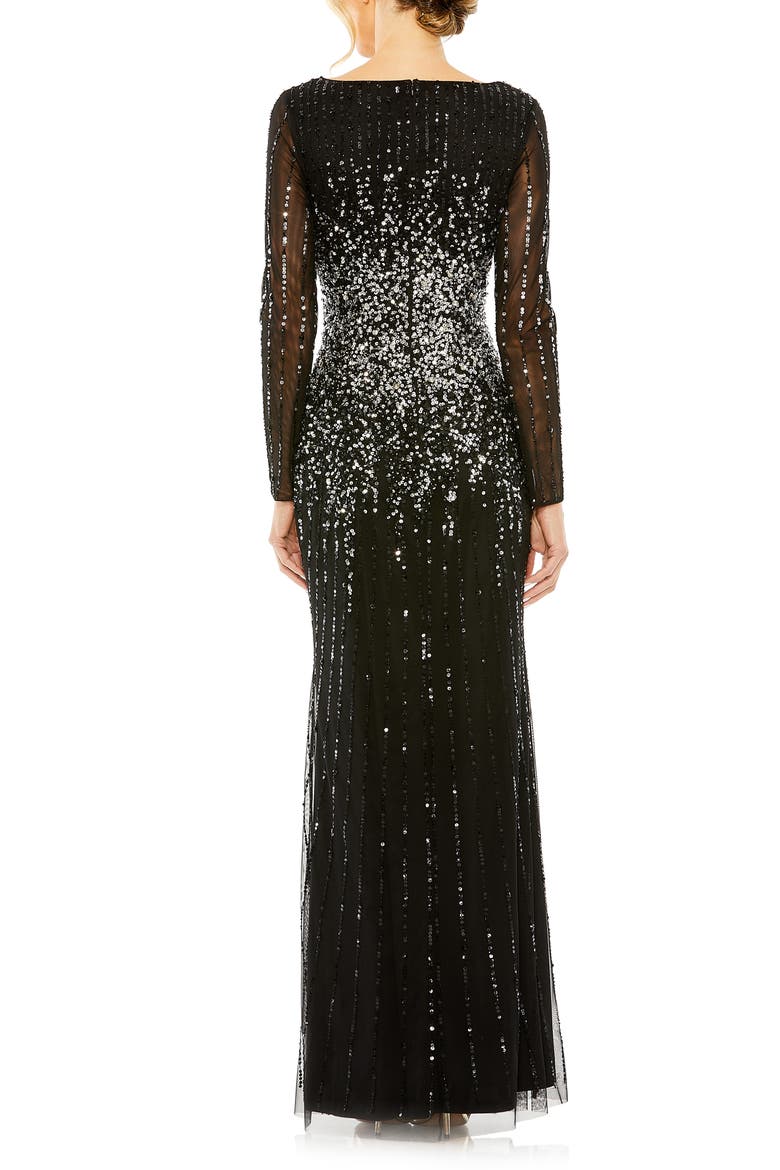 High Neck Sequin Embellished Long Sleeve A Line Gown, Alternate, color, BLACK