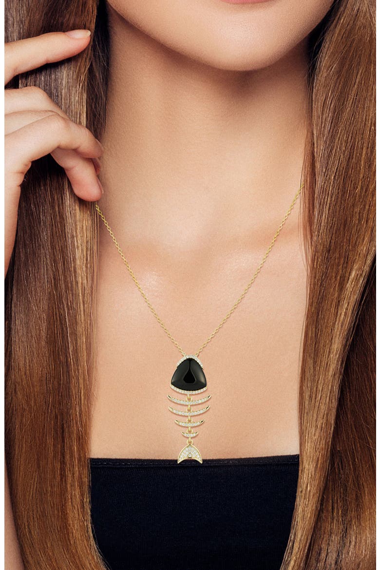 Black Agate & Cubic Zirconia Fish Pendant Necklace, Alternate, color, GOLD