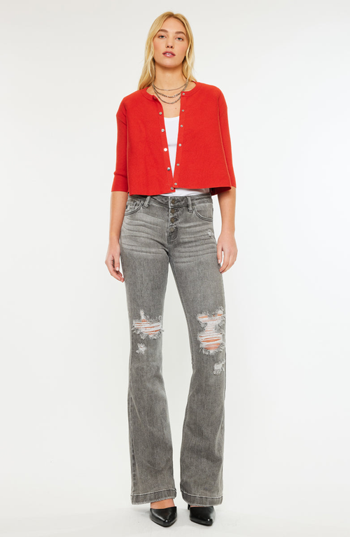 Kancan Harlo Mid Rise Raw Hem Flared Jeans In Gray