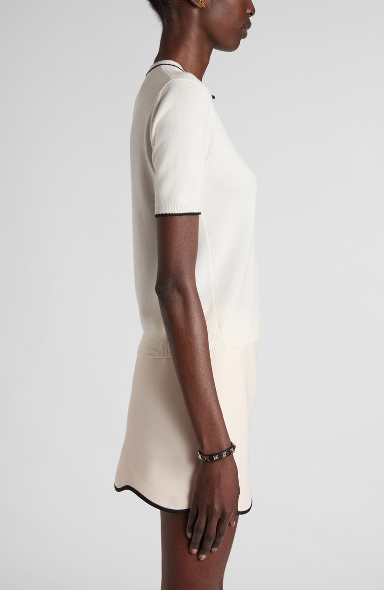 Valentino Garavani Tipped V-Detail Short Sleeve Wool Sweater, Alternate, color, Ivory/ Black