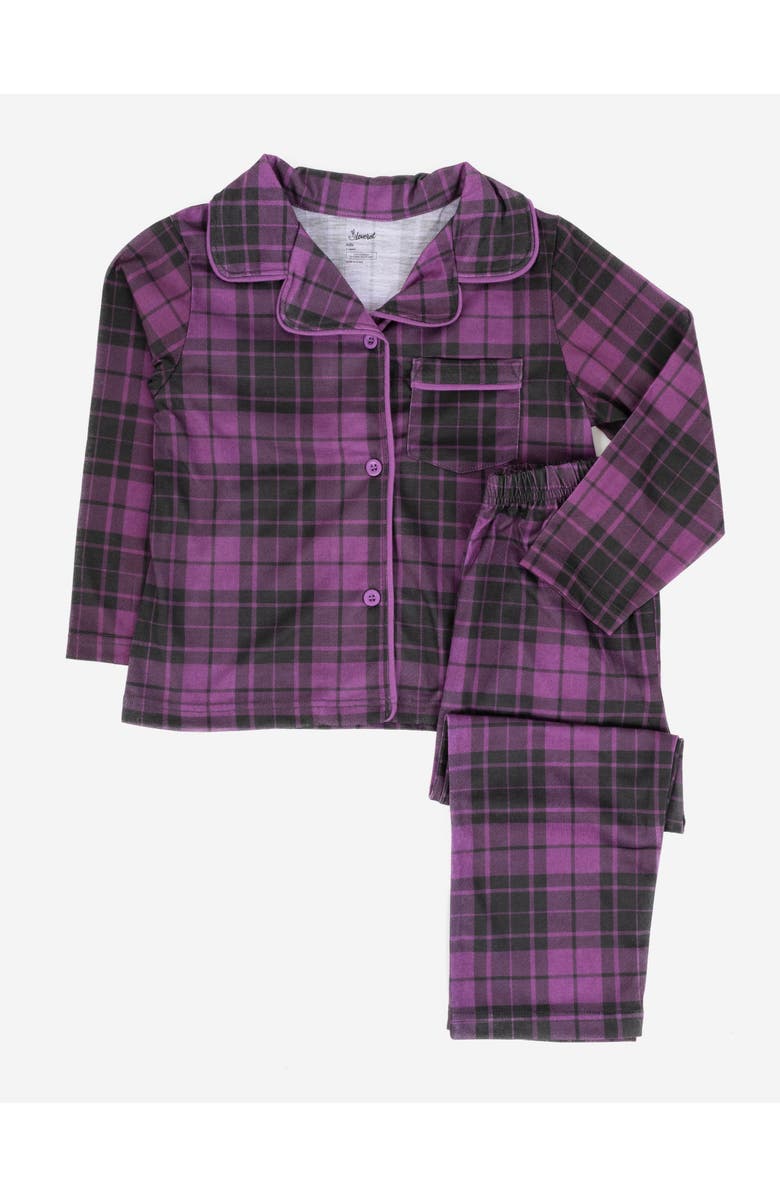 Leveret Kids Button-Front Flannel Printed Holiday Pajama Set, Main, color, Plaid Purple & Gray