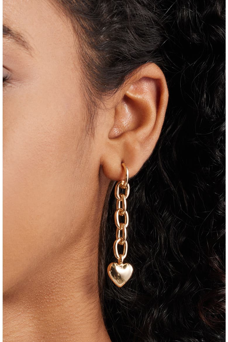 Puffy Heart Chain Drop Earrings, Alternate, color, GOLD
