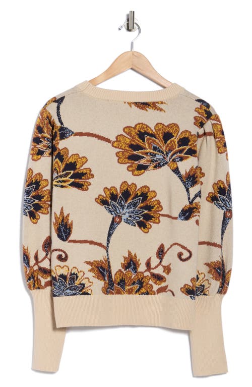 T Tahari Puff Sleeve Floral Jacquard Sweater In Brown