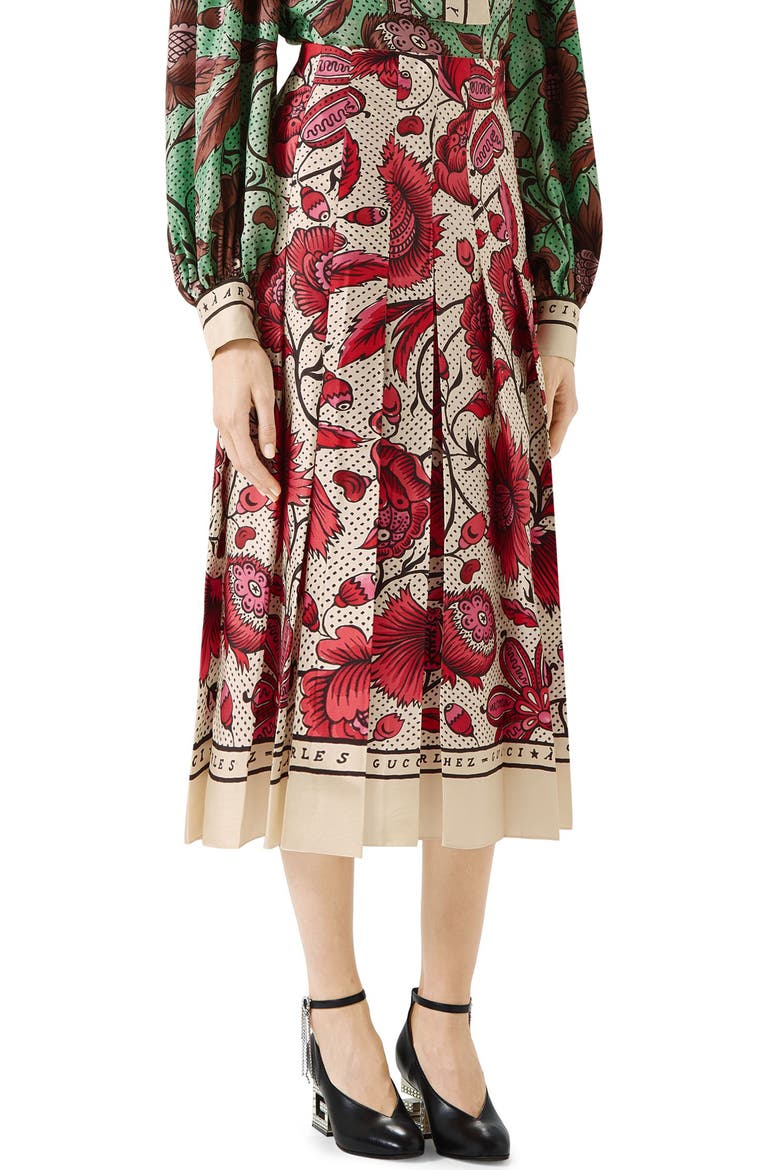 Watercolor Floral Print Pleated Silk Twill Midi Skirt, Main, color, FUCHSIA/ IVORY PRINT