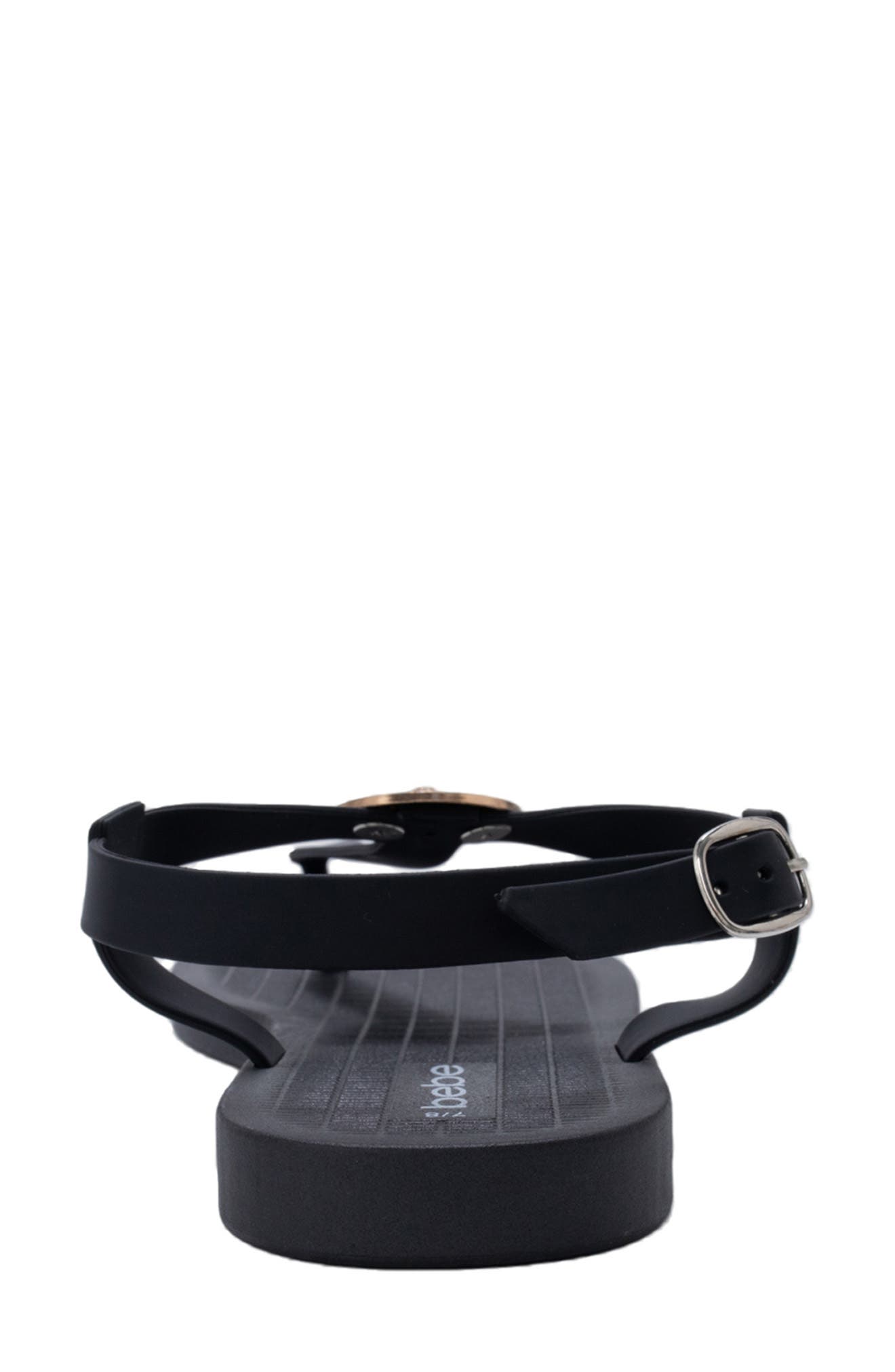 bebe Lion Charm T-Strap Sandal, Alternate, color, Black