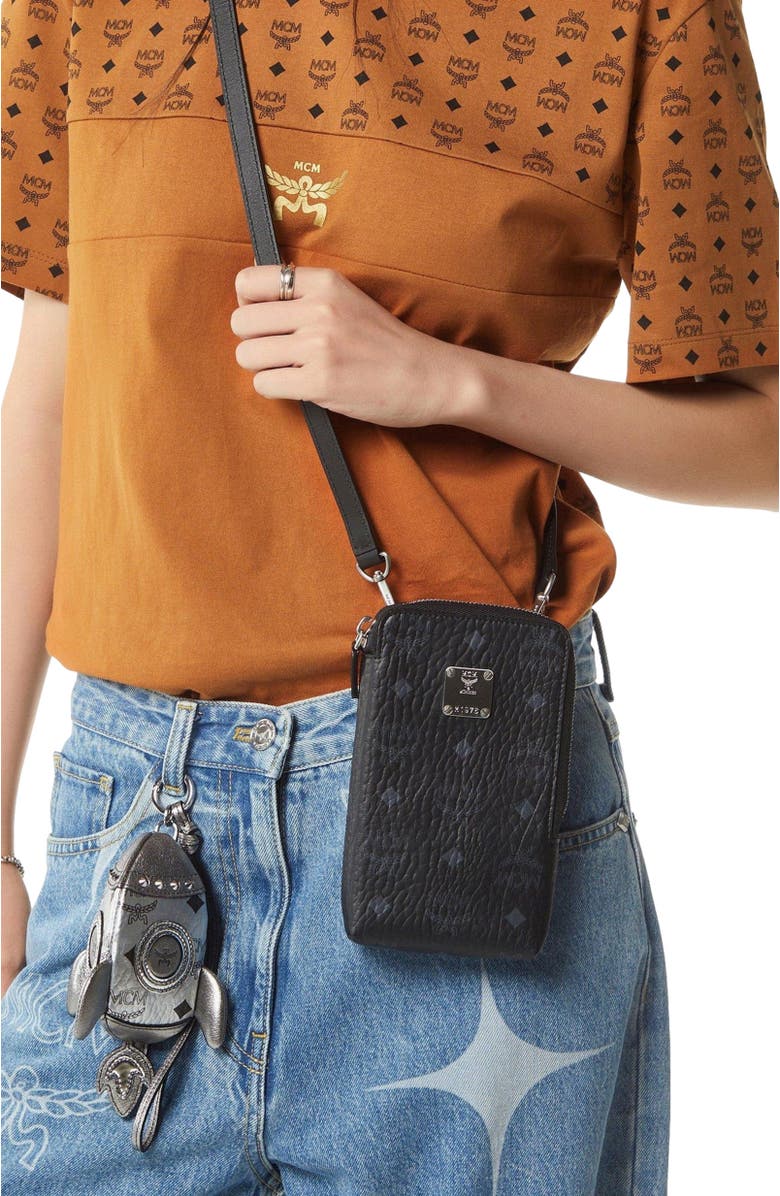 MCM Aren Phone Pouch in Visetos, Alternate, color, Black