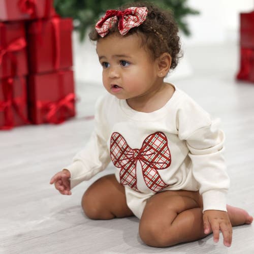 Sweet Wink Christmas Plaid Bow Patch Long Sleeve Romper In Neutral