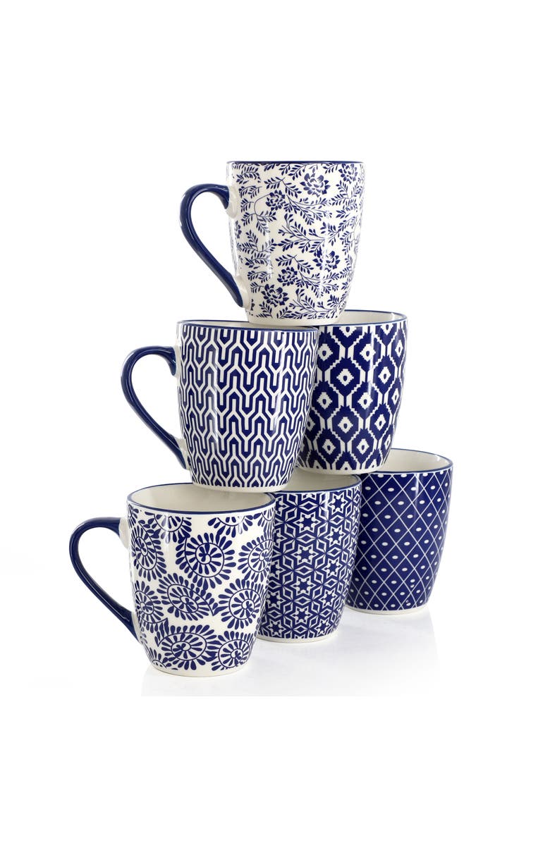 Elama Declan 6 Piece 12 Ounce Assorted Design Stoneware Mug Set, Alternate, color, Blue