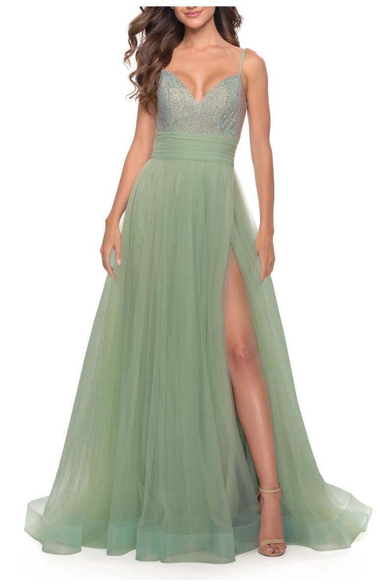 La Femme Tulle Gown with Full Skirt and Rhinestone Bodice, Alternate, color, Sage
