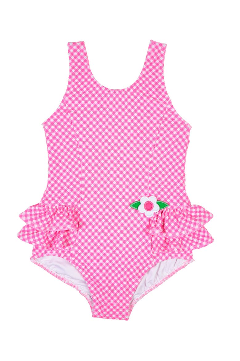 Gingham Swimsuit  with Ruffles and Flower, Main, color, Pink/White