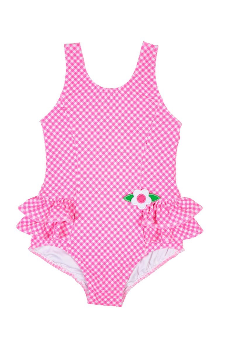Florence Eiseman Gingham Swimsuit  with Ruffles and Flower, Main, color, Pink/White